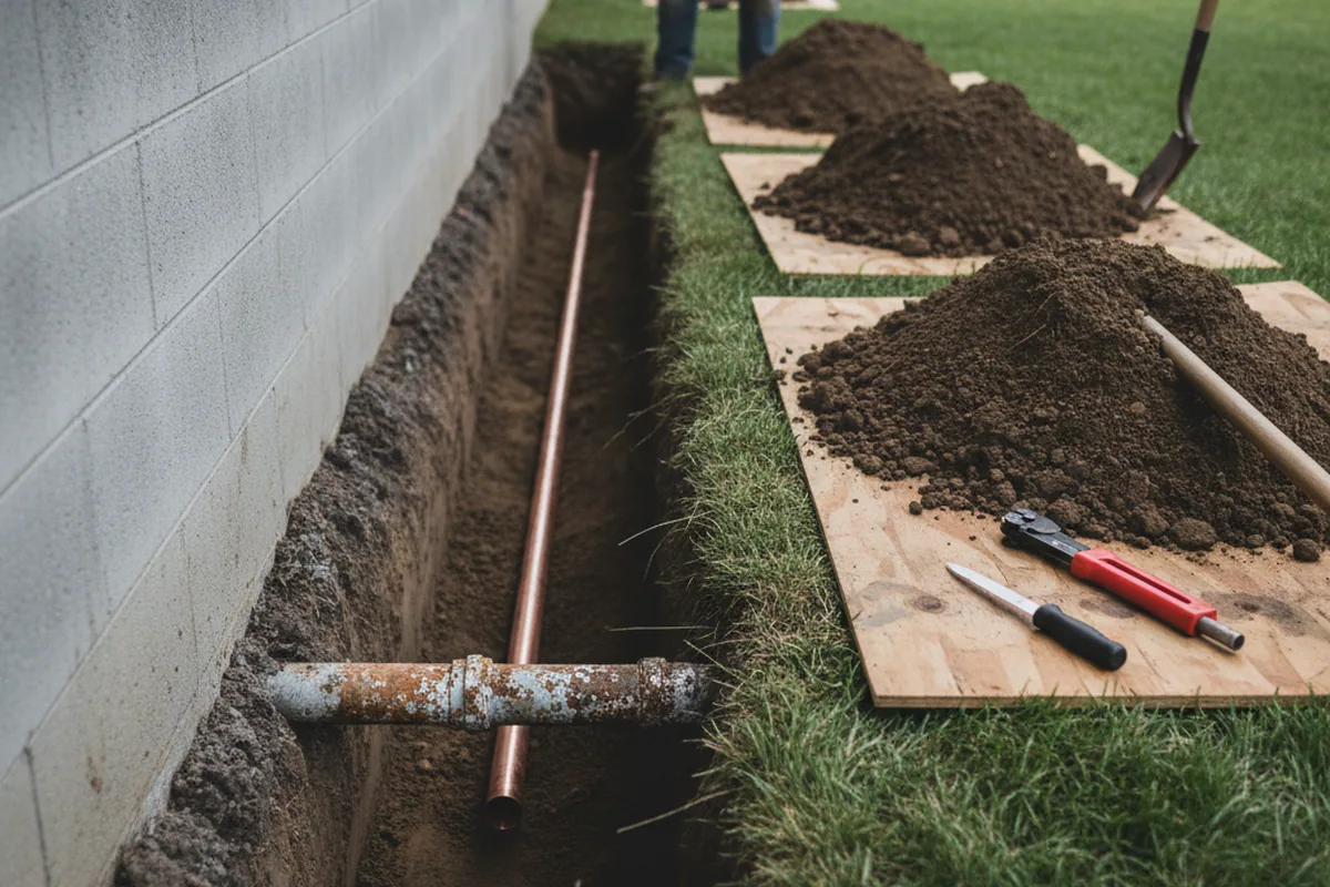 Excavated water line trench during Sewer Line Repair in Avalon